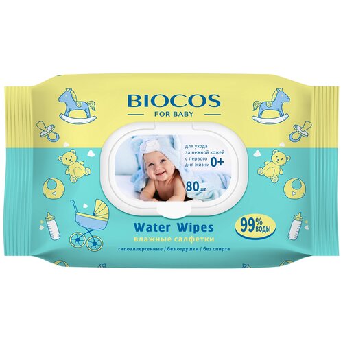 Влажные салфетки BioCos Water Wipes, пластиковая крышка, 80 шт., 1 уп. влажные салфетки watashi с д пантенолом пластиковая крышка 80 шт 1 уп