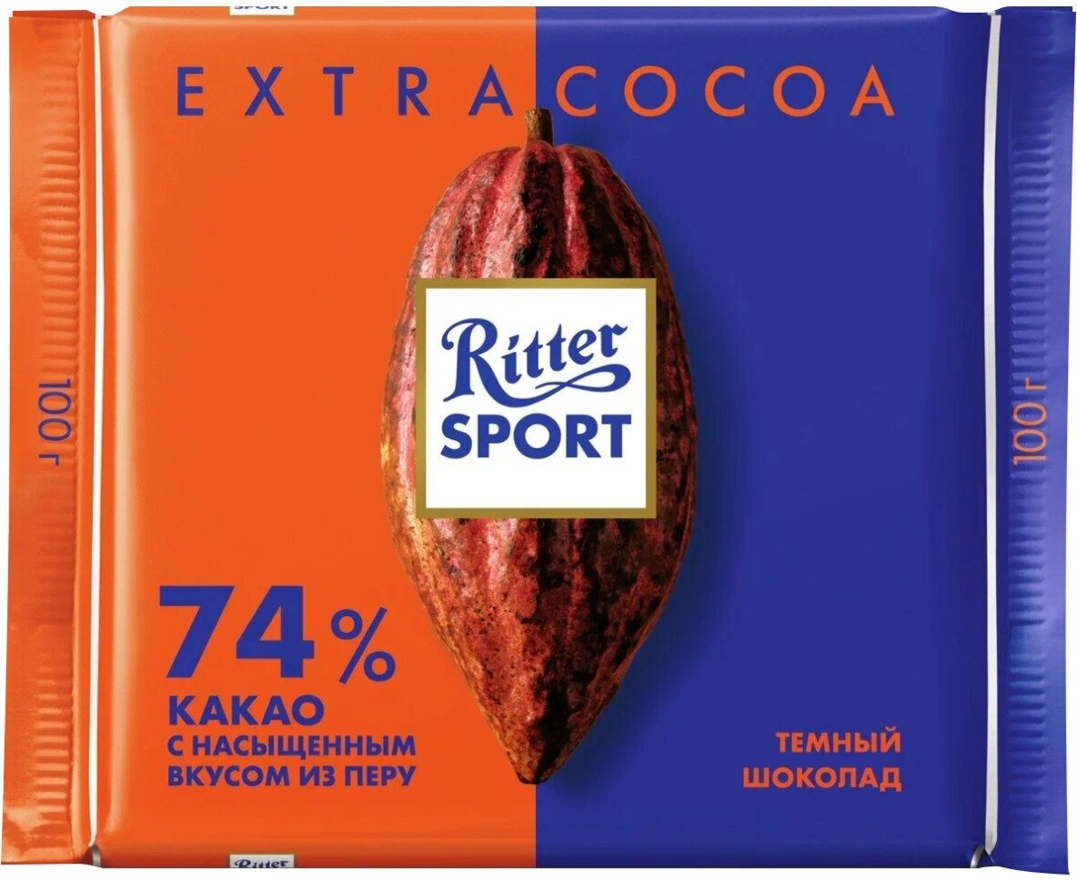 Ritter Sport Риттер шоколад темный 74% какао с насыщенным вкусом из Перу, 12 шт по 100 г