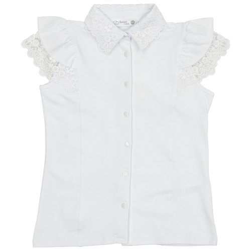 Блузка для девочки с коротким рукавом, однотонная, отделка кружевом, блузка нарядная / Белый слон 5338 (светло-голубой) р.134