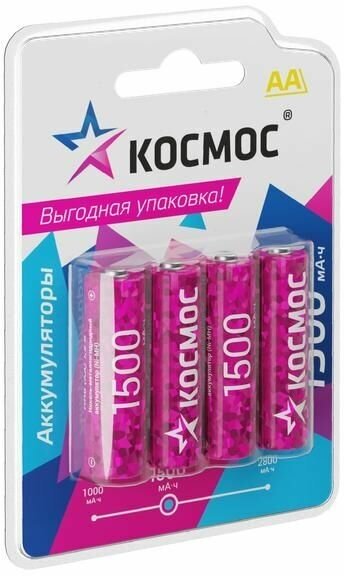 Аккумулятор AA/R6 1500мА. ч NI-MN BP-4 (блист.4шт) космос KOCR6NIMH1500mAh4BL