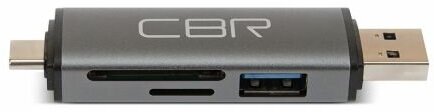 Карт-ридер CBR Gear Type-C/USB 3.0 (2 в 1), до 5 Гбит/с, microSD/T-Flash/SD/SDHC/SDXC, доп. выход USB 3.0 хаб, поддержка OTG, алюминиевый корпус