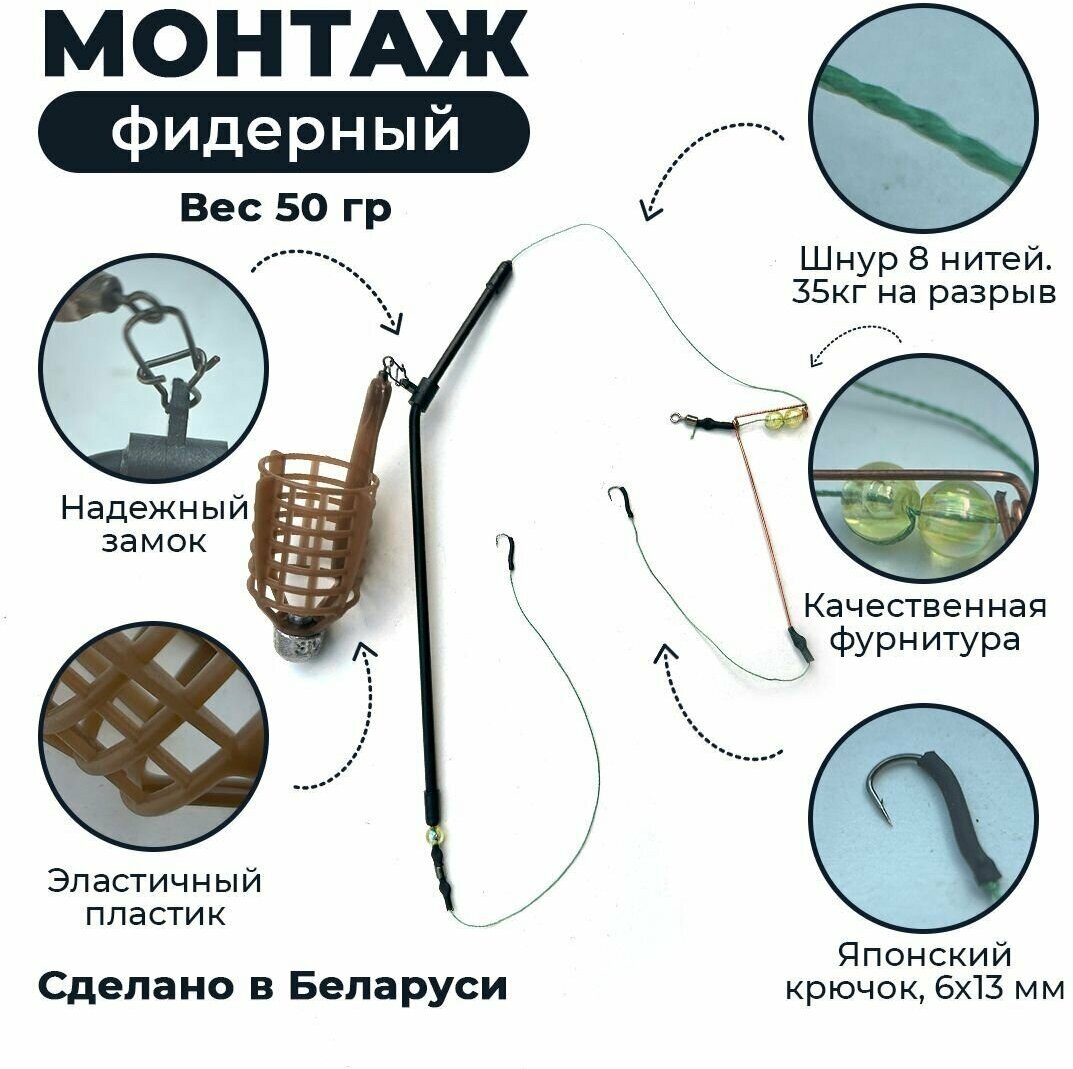 Монтаж фидерный с пластиковой корзиной 3 крючка 50 гр