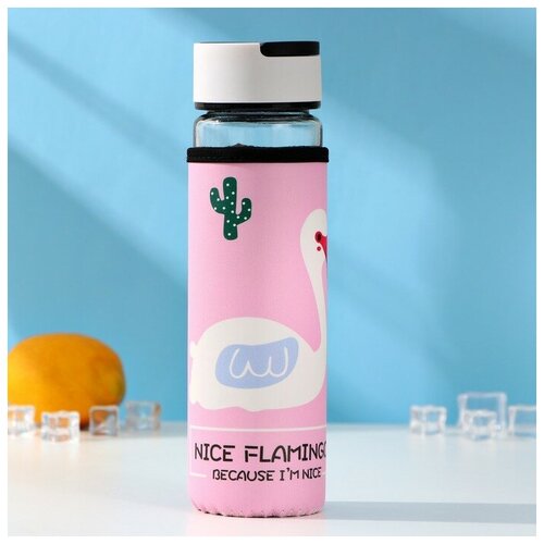 Бутылка для воды стеклянная с ручкой в чехле Фламинго 500 мл h235 см рисунок микс 720₽