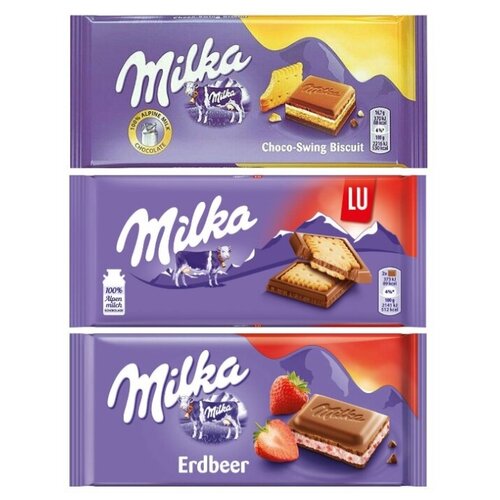 фото Шоколад milka cream & biscuit + lu + strawberry (набор из 3 шт), 100 г, 3 шт. mondelez international
