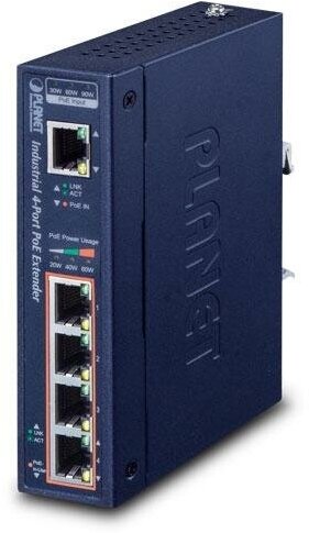 IP30 Industrial 1-Port 60W Ultra POE to 4-Port 802.3af/at Gigabit POE Extender (-40 to 75 C)