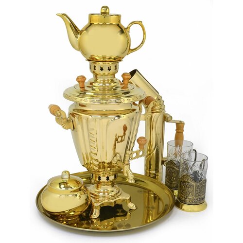 Самовар на дровах Рюмка ТСК тулавар, 2,5 литра, жаровой, латунный в наборе 7 предметов