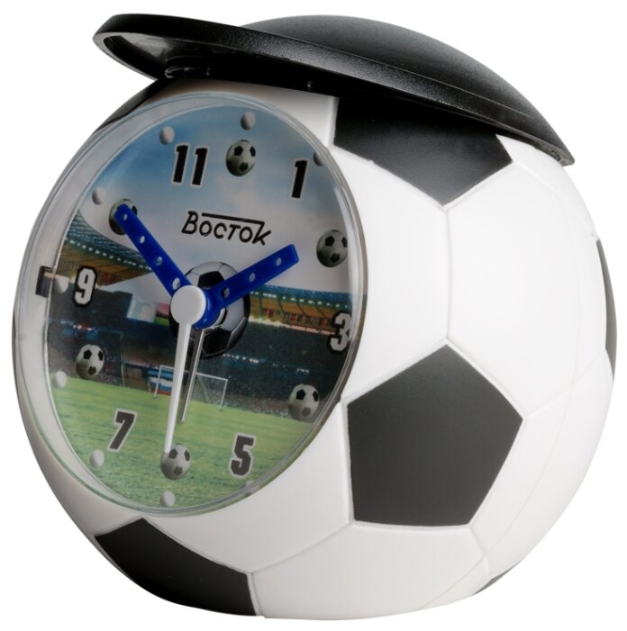 Будильник футбольный мячик Восток FB51-10 классическая расцветка с принтом на циферблате размер 9х9 см