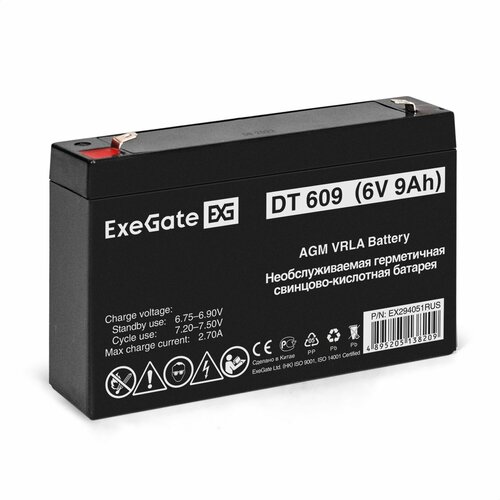 Аккумуляторная батарея ExeGate DT 609 (6V 9Ah, клеммы F1) EX294051RUS аккумуляторная батарея exegate dtm 609 6v 9ah клеммы f1