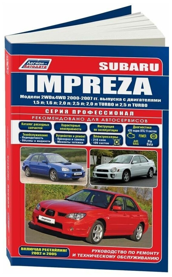 Книга Subaru Impreza 2000-2007, рестайлинг 2002 и 2005 бензин, каталог з/ч, электросхемы. Руководство по ремонту и эксплуатации автомобиля. Профессионал. Легион-Aвтодата