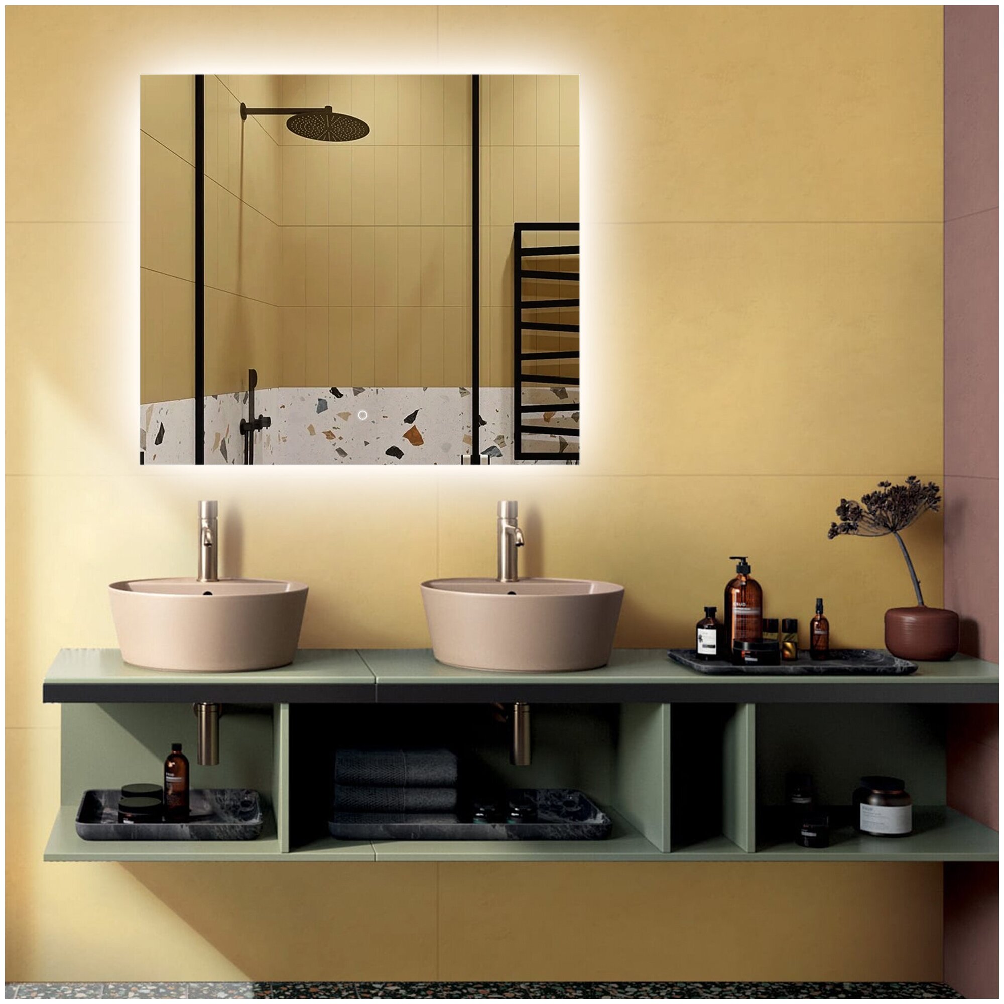 Зеркало "Lille" 90 х 80 см, в ванную комнату с LED подсветкой (6000 К), настенное зеркало в прихожую для макияжа, для ванной, интерьерное на стену