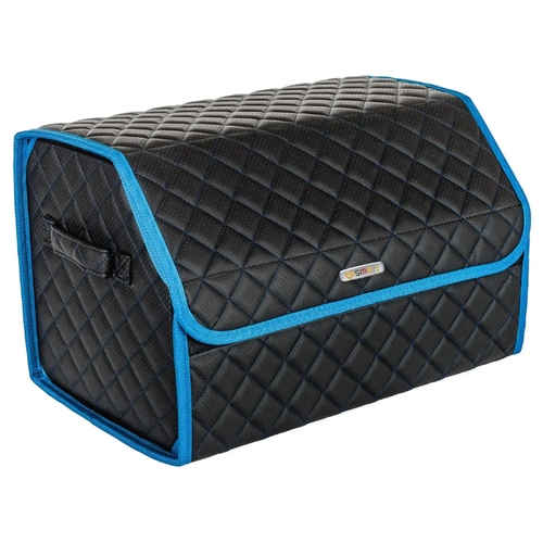 фото Сумка-органайзер в багажник автомобиля из перфорированной экокожи черная с синей нитью vicecar с логотипом smart (светло-синий кант)