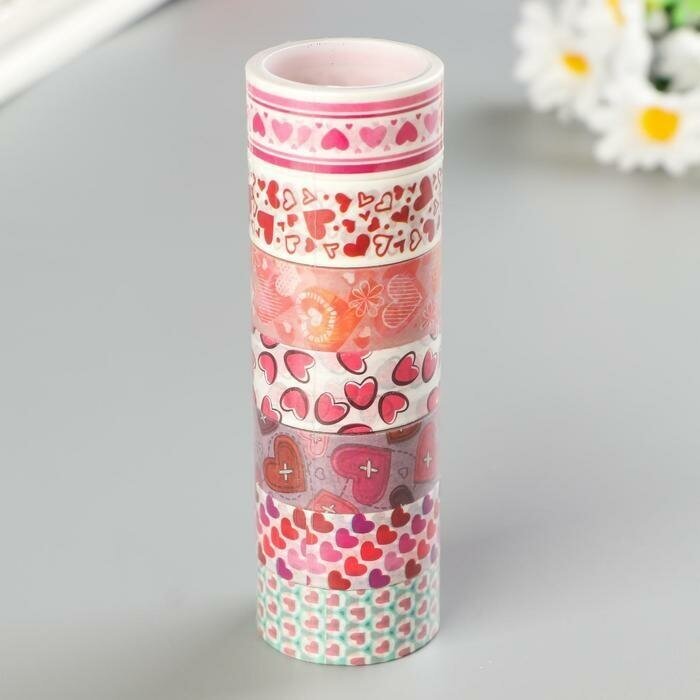 Клейкие WASHI-ленты для декора сердца, 15 мм x 3 м (набор 7 шт) рисовая бумага