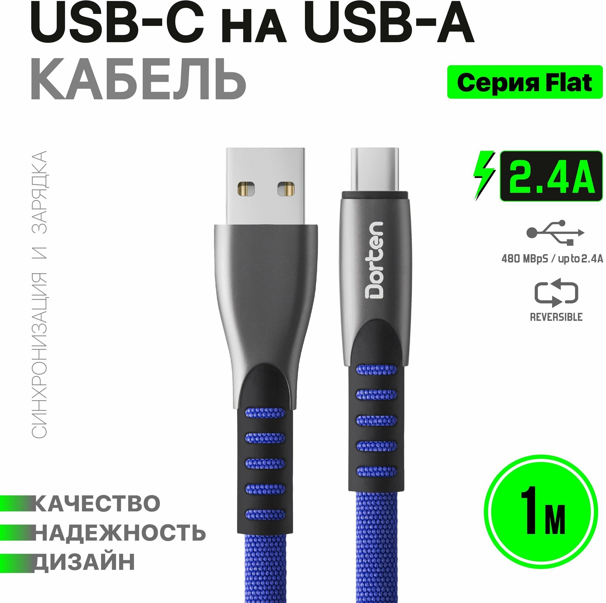 Кабель USB-C для зарядки телефона 1 метр: Flat series провод юсб 1м - Синий
