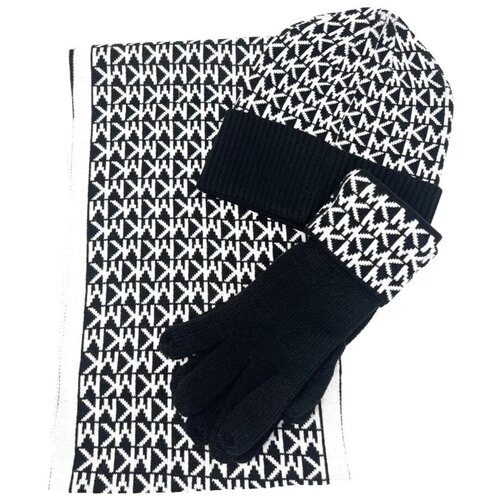фото Набор michael kors шапка, шарф и перчатки черный с белым лого michael kors 3-piece set knit scarf, hat & gloves mk logo black /white