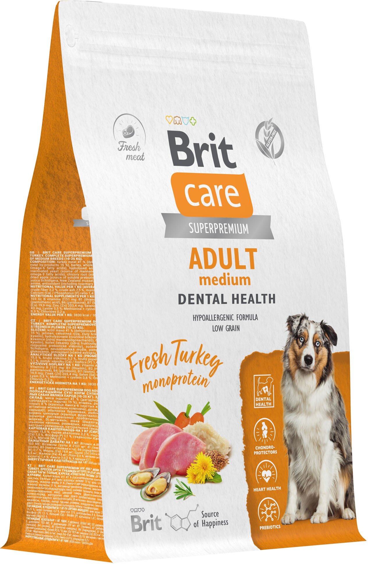 Сухой корм для собак средних пород Brit Care Dog Adult M Dental Health , здоровые зубы, с индейкой 3 кг