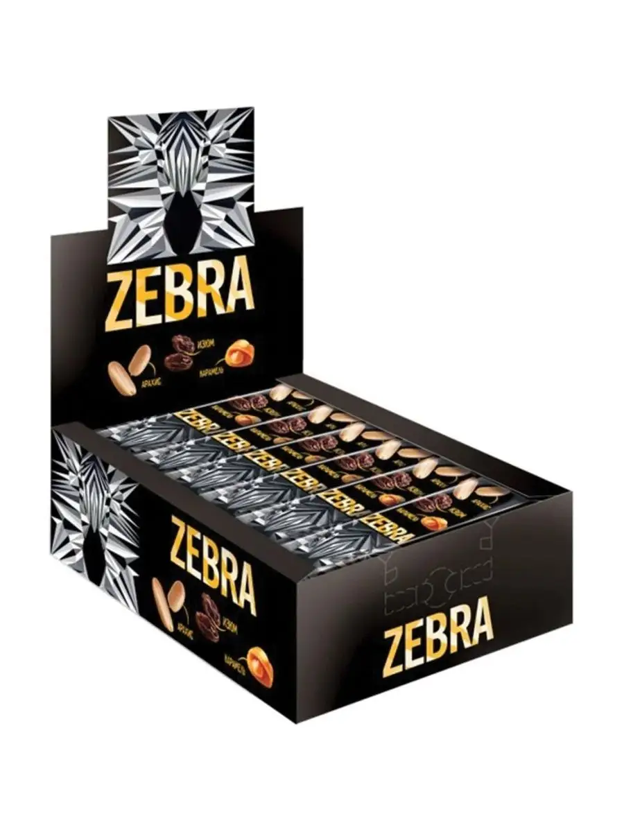 Батончик Zebra вафельный с изюмом и арахисом в карамели, коробка, 40 г, 15 шт.