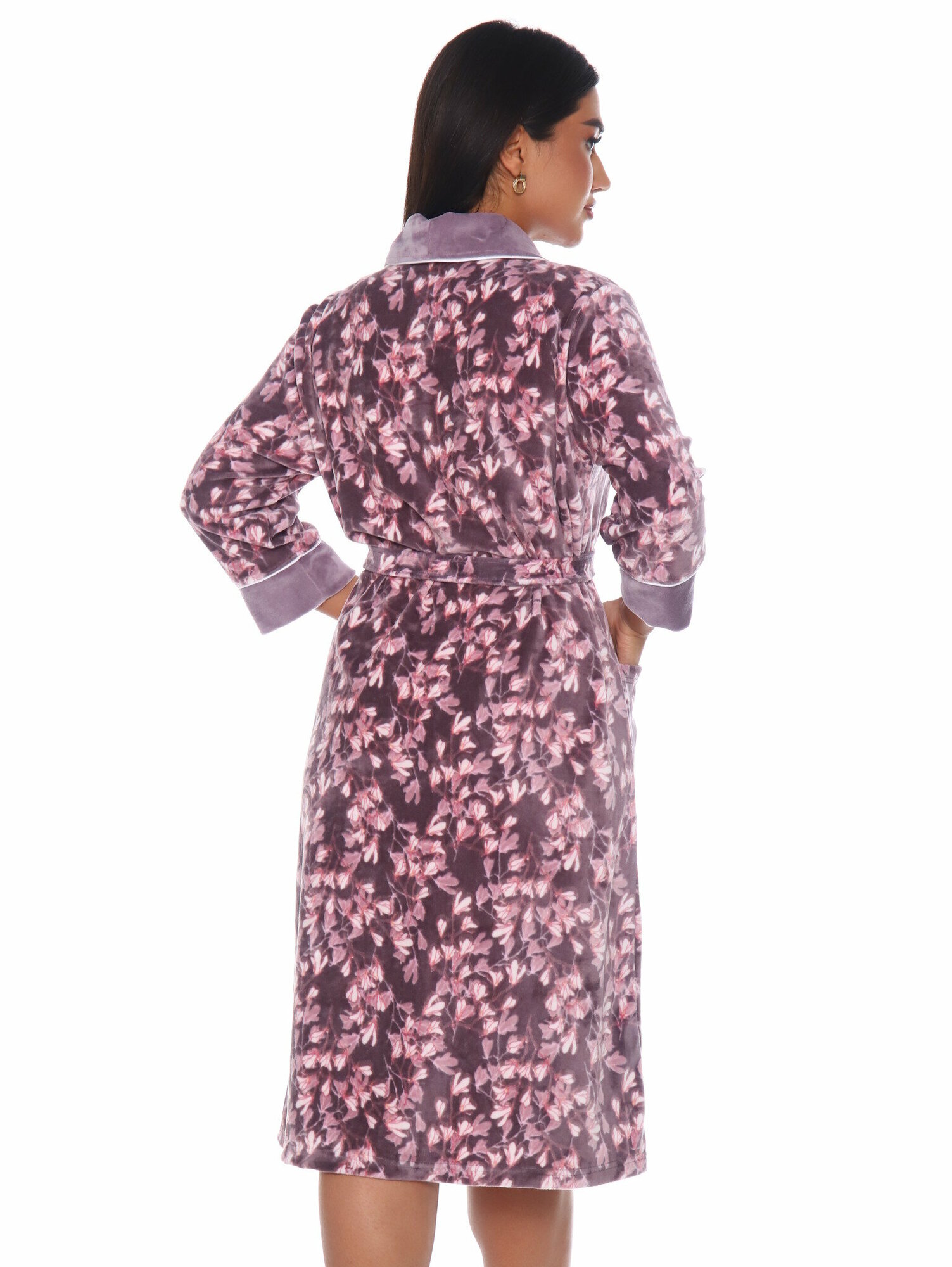 Домашний женский халат на пуговицах натуральный велюр миди (48) - фотография № 8