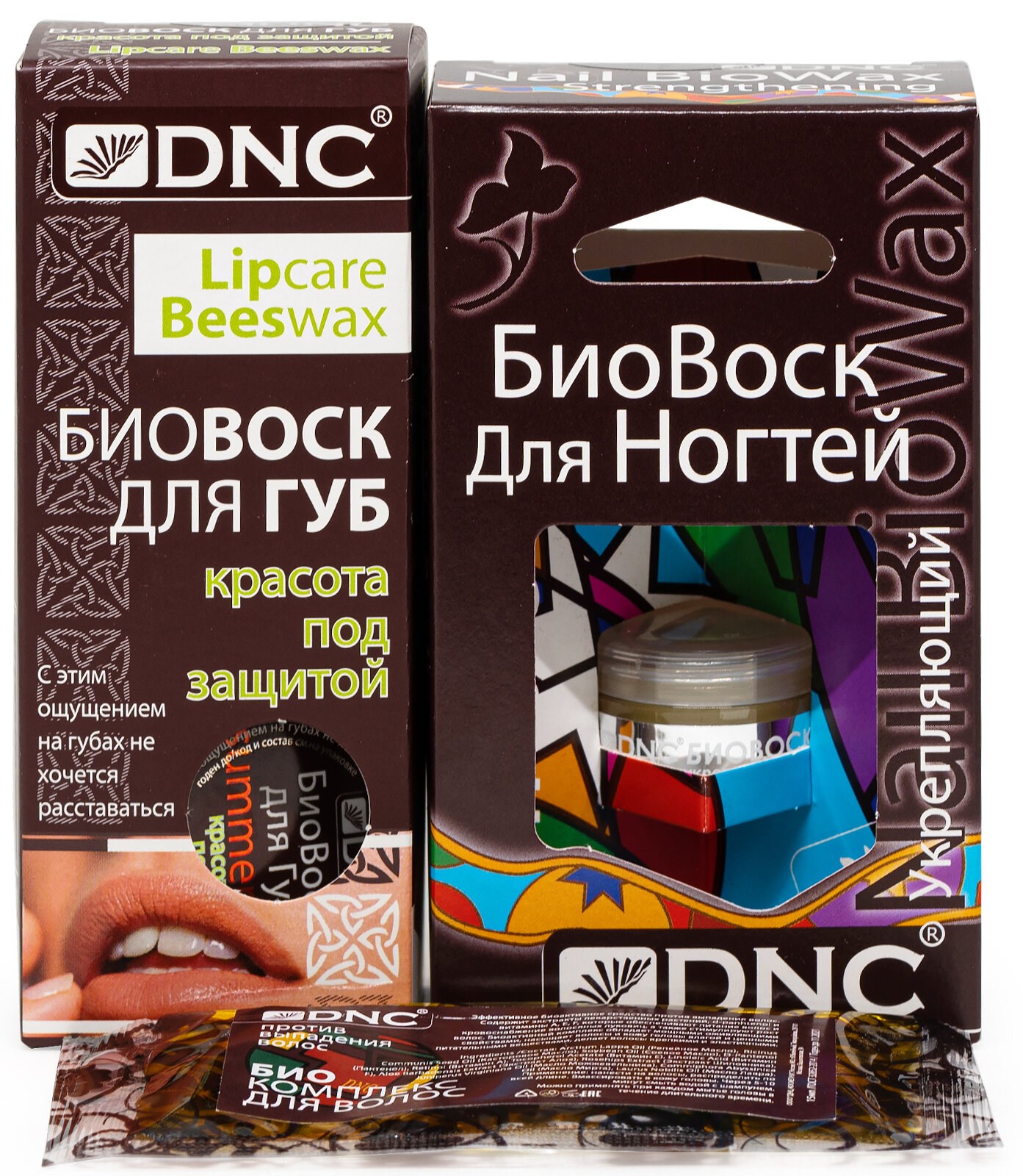 DNC набор: Биовоск для ногтей Укрепляющий (6 мл) 1 шт, БиоВоск для губ "Красота под защитой" (15 мл) 1 шт и Презент Масло для волос