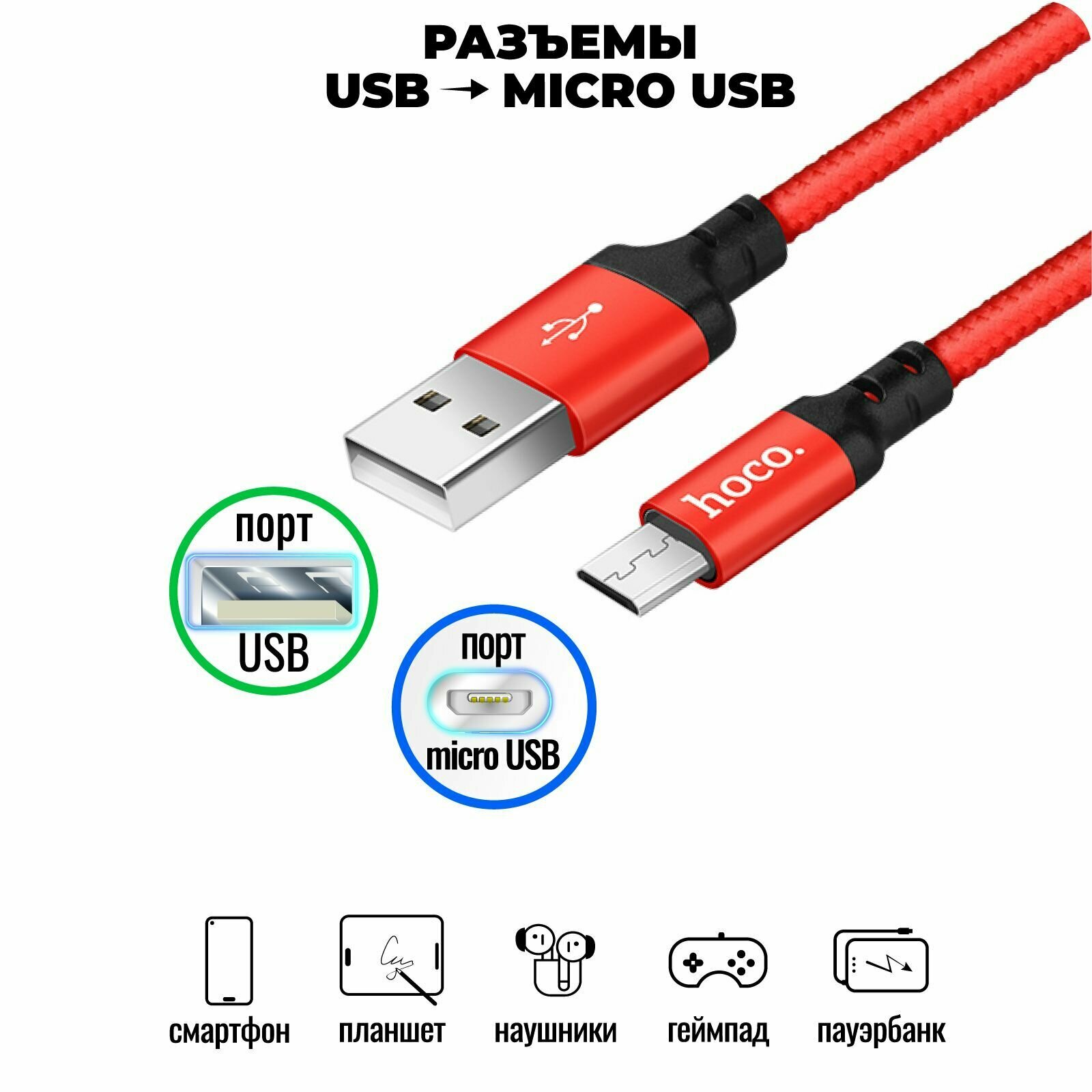 Кабель Micro USB, быстрая зарядка, 2 метра, нейлоновый, передача данных / шнур для телефона микро юсб для Android / Провод для андройд / Hoco. X14 — фото 1