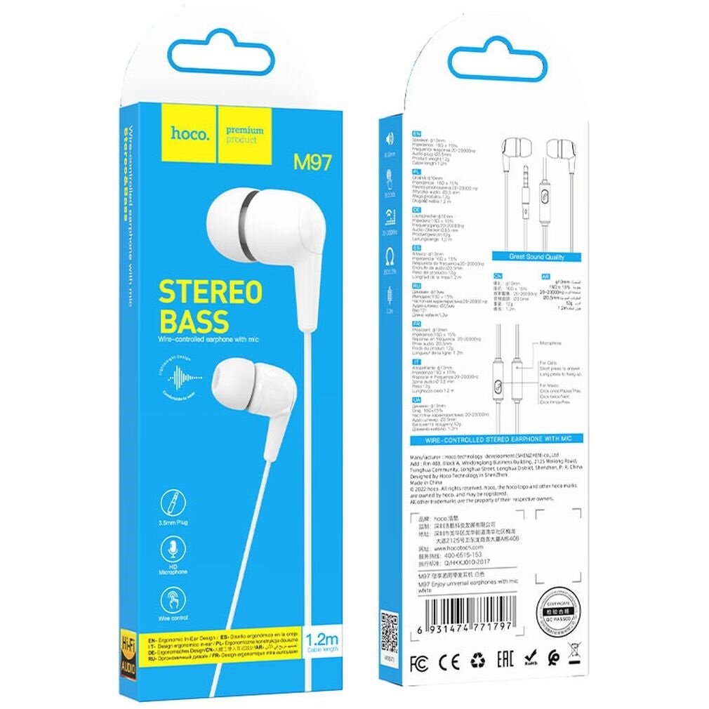 Наушники HOCO M97 Enjoy universal earphones with microphone 1.2м., Jack 3.5mm, white