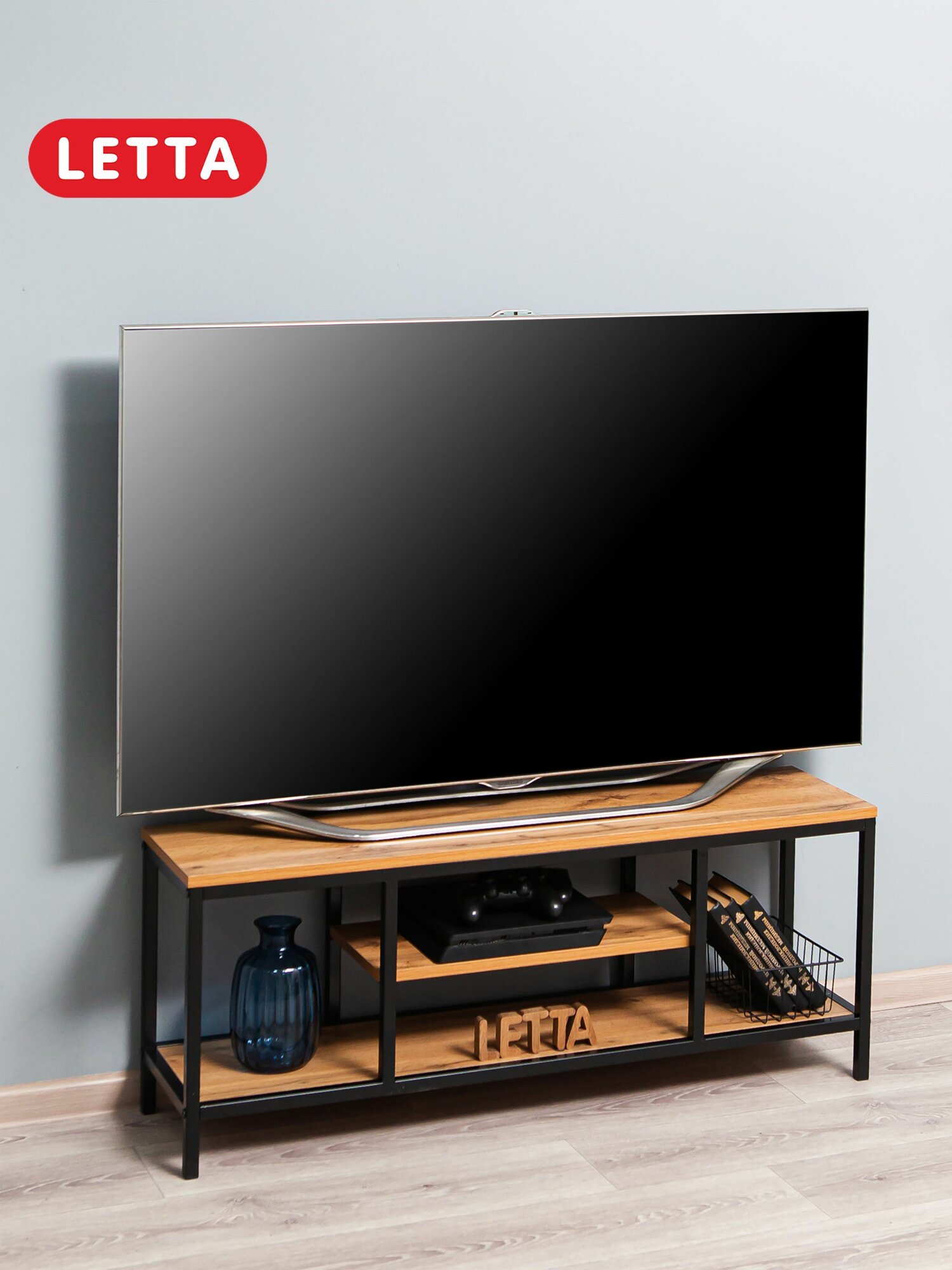 фото Тумба под ТВ Frame ЛДСП Дуб Вотан, черн. Металл. 1100х420х290