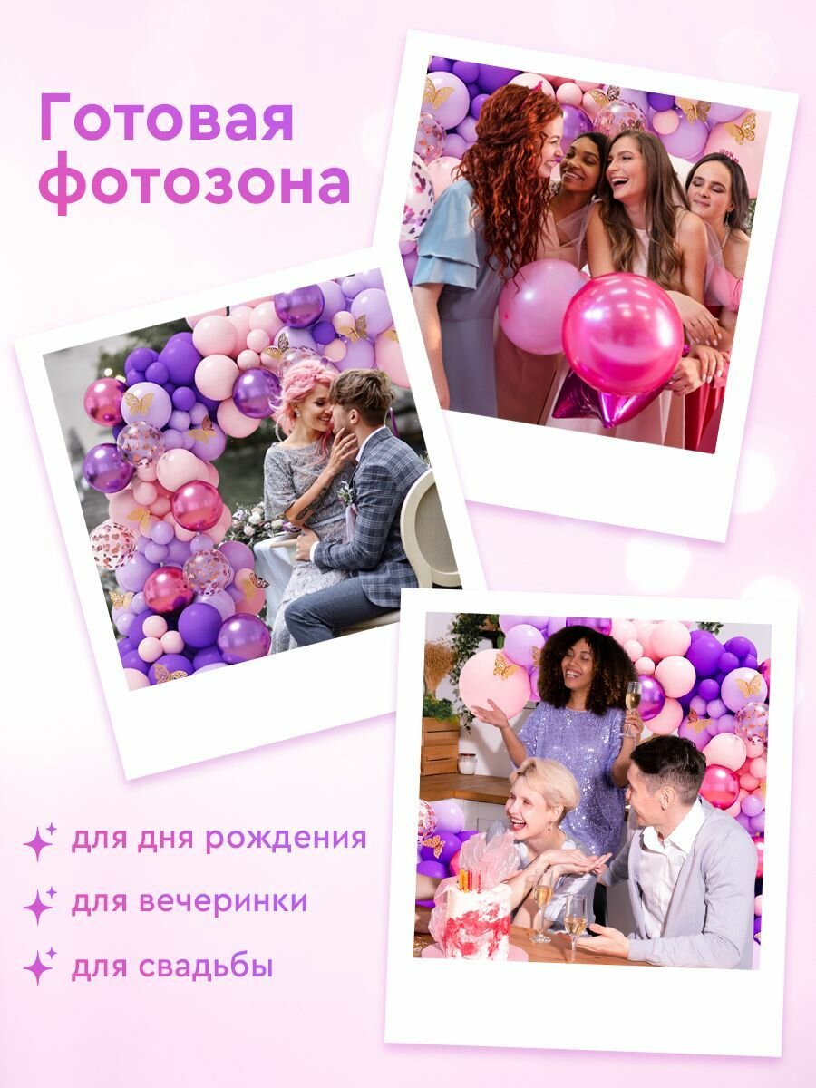 Набор воздушных шаров для фотозоны (набор для гирлянды - 94 шара + лента, клеевые точки, бабочки) — фото 1