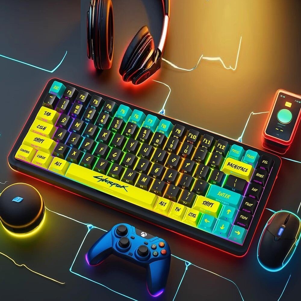 Кейкапы для механической клавиатуры CyberPunk 2077 / 129 штук в комплекте / с боковыми прозрачными буквами. — фото 1