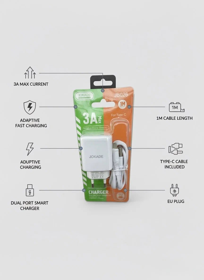 Зарядное устройство JOKADE JB026, 3A, 2 порта, Micro USB, 1 м, белый