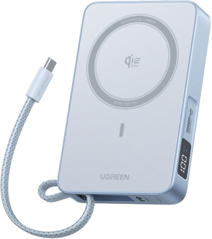 Внешний аккумулятор UGREEN PB773 (65958B) 25W Magnetic Wireless 10000mAh Qi2.2, серебристо-голубой