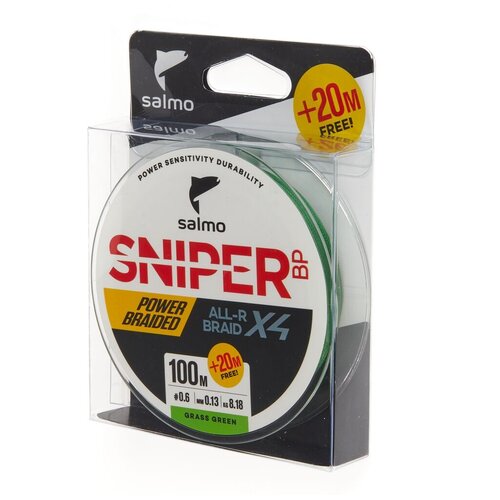 Плетеный шнур Salmo Sniper Bp All R Braid Х4 120 м 0.13 мм green 1 шт. 8.2 кг