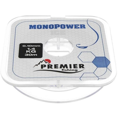 леска premier fishing monopower ice 0 30мм 30м clear nylon pr mi t 030 30 Леска PREMIER fishing MONOPOWER ICE, диаметр 0.10 мм, тест 1.4 кг, 30 м, нейлон, прозрачная