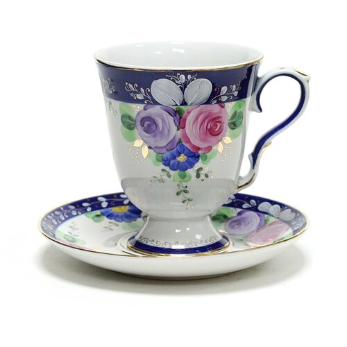 Бокал с блюдцем Гжель 500 мл Классический Цветущий сад Художественная роспись