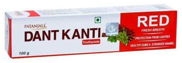 Зубная паста Патанджали Дант Канти Ред (Patanjali Dant Kanti Red) комплексный уход за дёснами и зубами, 100 г.