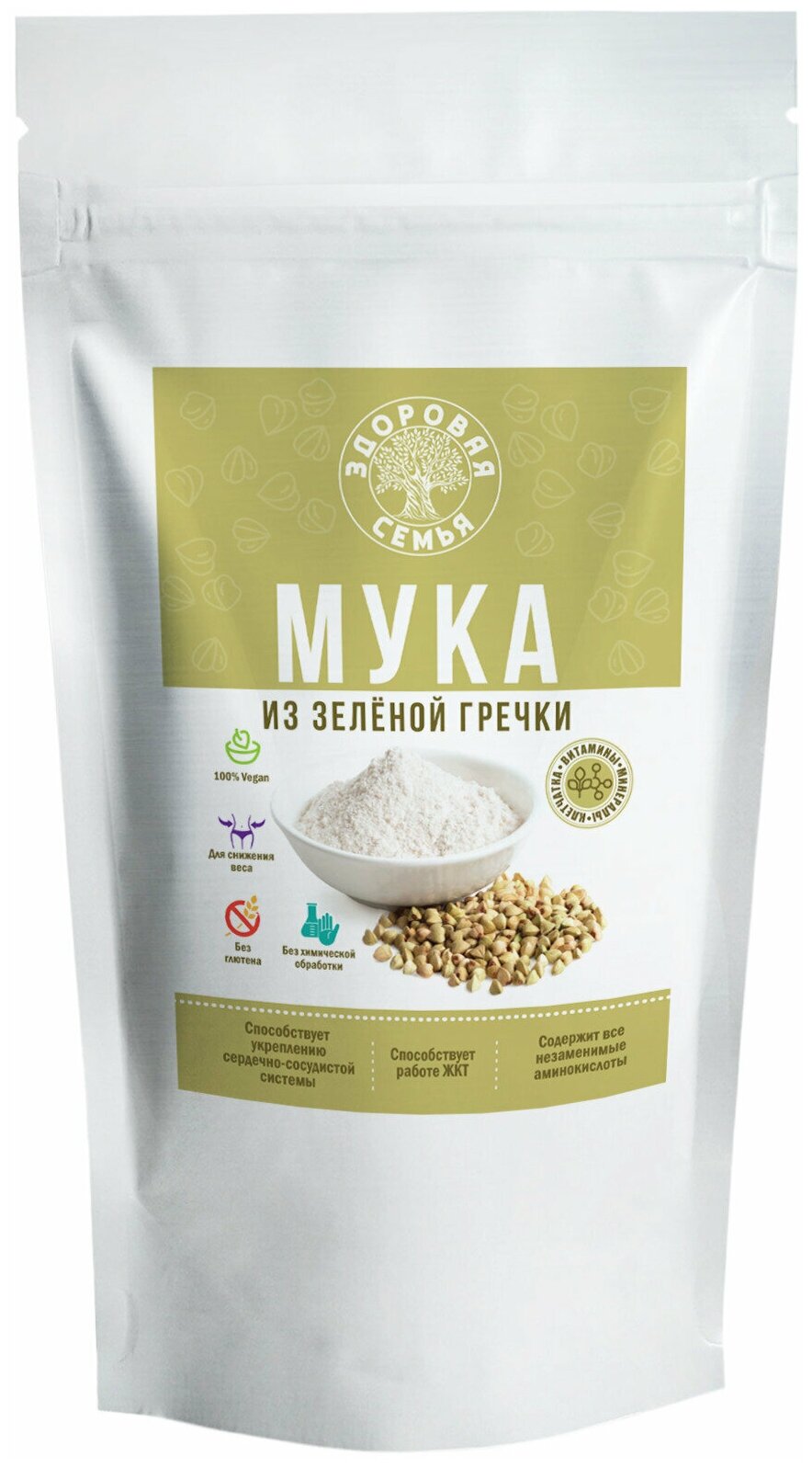 Мука из зеленой гречки цельнозерновая, Здоровая Семья, 1 кг (1000 г), гречневая мука без глютена