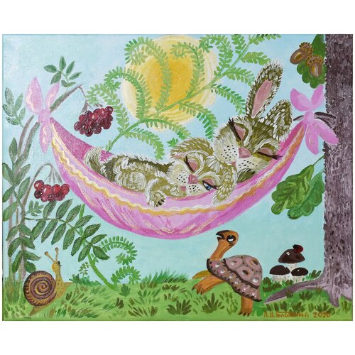 Сладко спится в гамаке. Авторская картина акрилом на холсте 45х55. Оригинал