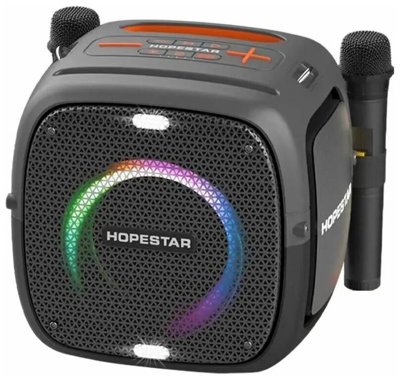 Портативная Bluetooth Колонка Hopestar Party One 80 Вт, с двумя беспроводными микрофонами/без штатива/портативная акустика /блютуз колонка(серый)