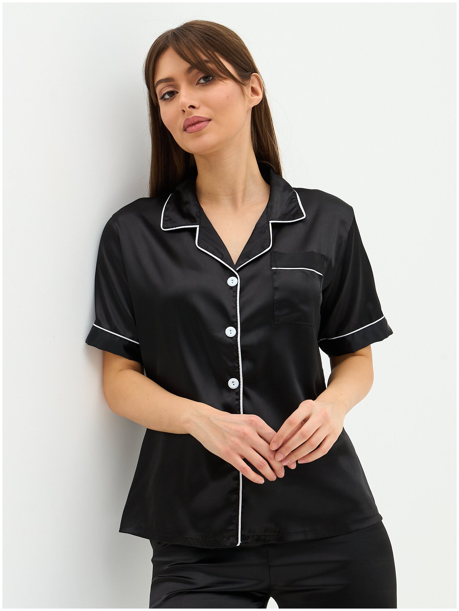 Пижама женская с брюками и рубашкой для сна, шелковая , атласная , домашняя одежда черная 42/M размер - фотография № 7