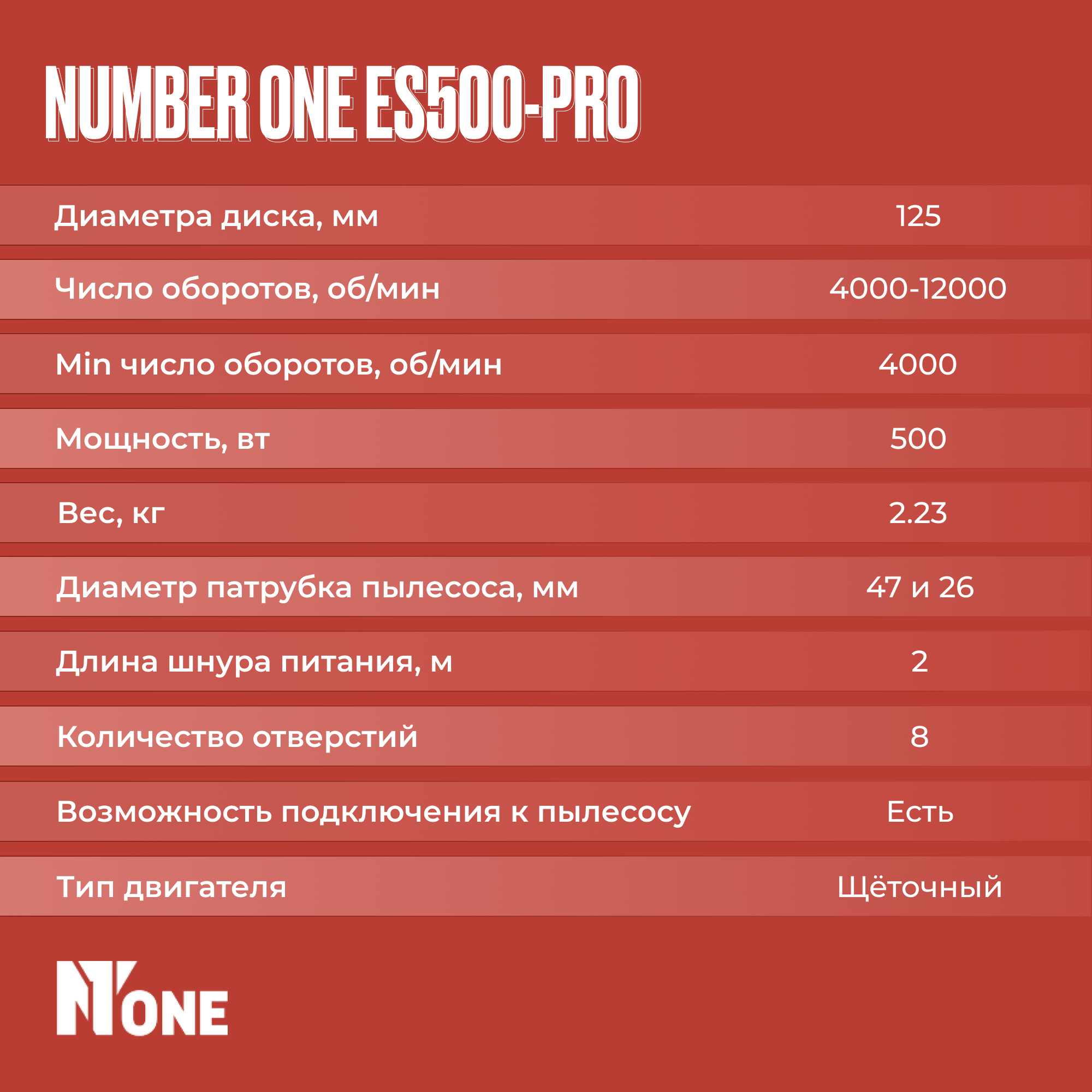 Эксцентриковая шлифовальная машина NUMBER ONE ES500-PRO 125мм, рег. оборотов, 500Вт.