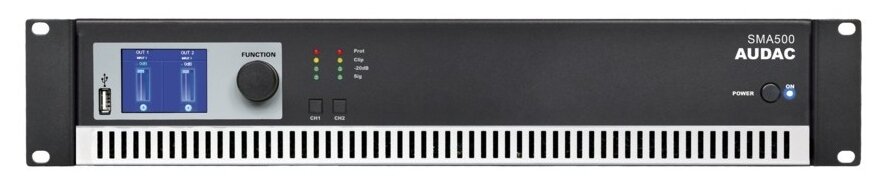 AUDAC SMA500 Двухканальный низкоомный усилитель с DSP. Опционально предусмотрена установка карты интерфейса DANTE. Мощность (@4 Ом): 2 x 500 Вт.