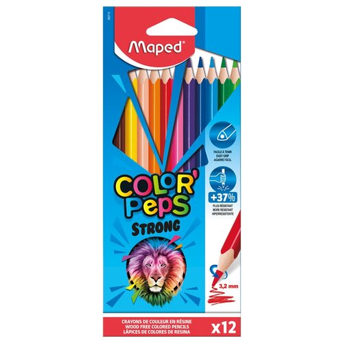Карандаши цветные 12 цветов Maped Color'Peps Strong (L=208мм, D=8.6мм, 3гр, пластик) картон, европодвес (862712), 12 уп.
