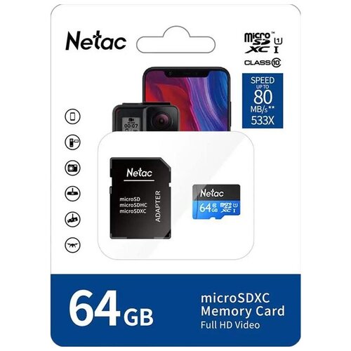Карта памяти Netac MicroSD card P500 Standard 64GB, retail version w/SD
