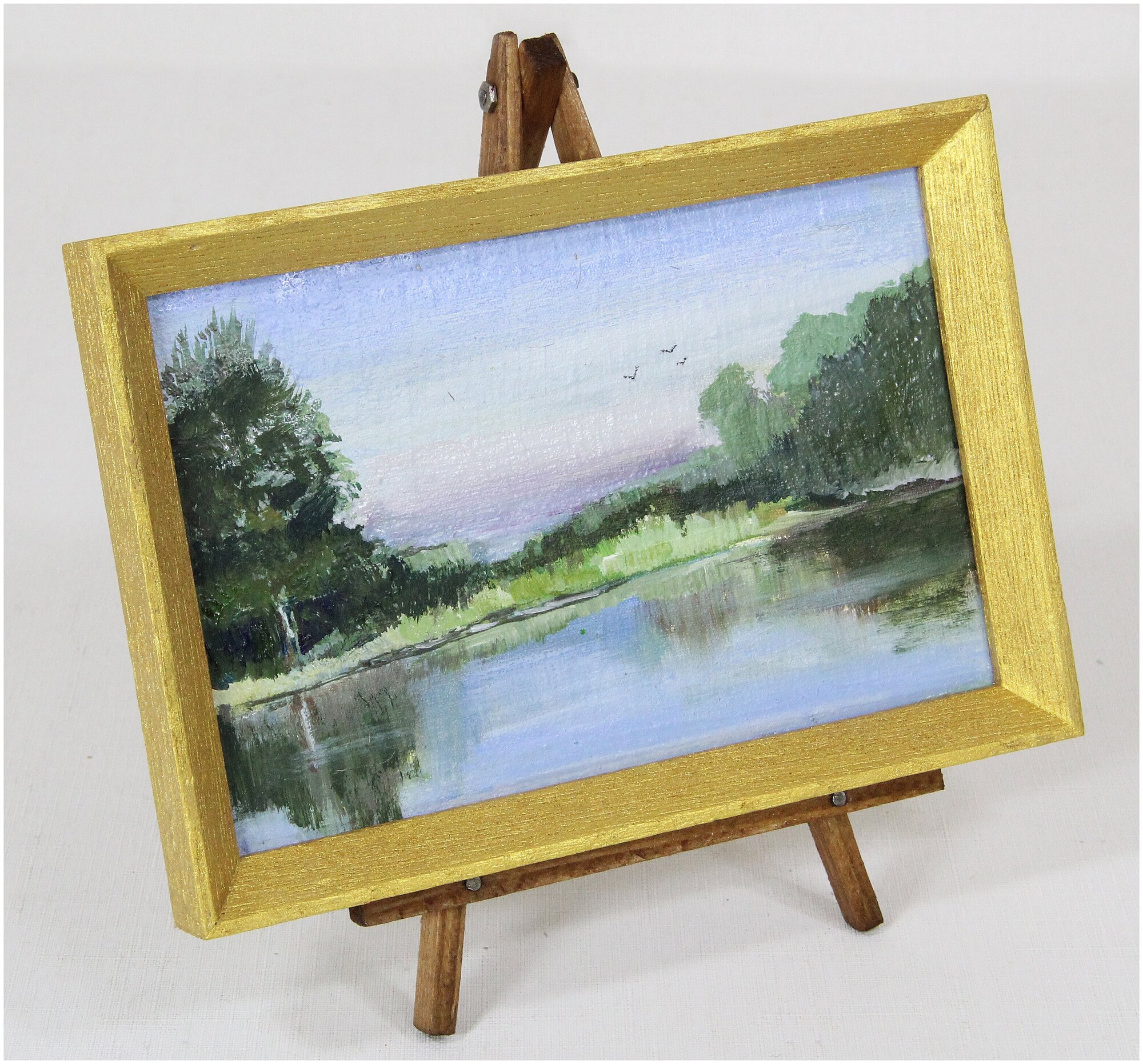 Картина-миниатюра на подставке, "Лесное озеро", масло, 14,5х9,5см