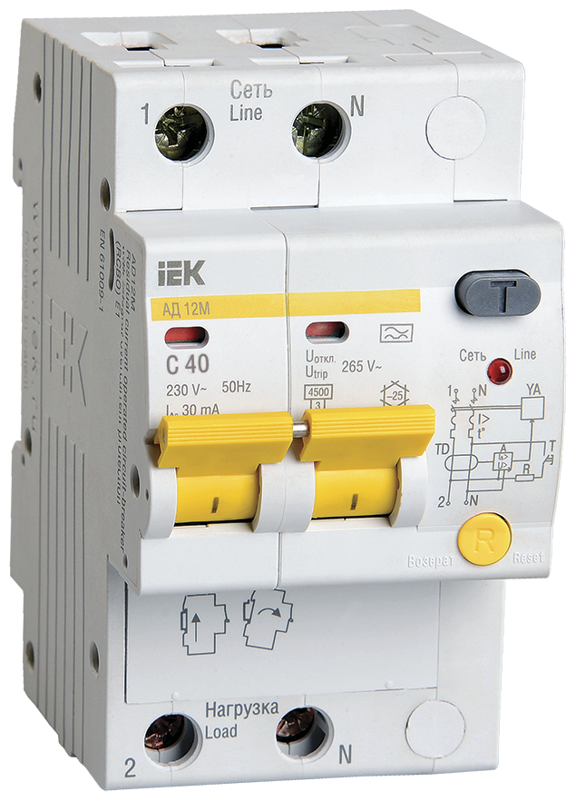 Выключатель автоматический дифференциального тока 2п C 40А 30мА тип A 4.5кА АД-12М IEK MAD12-2-040-C-030 (1 шт.)