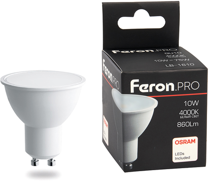 Лампа светодиодная LED 10вт 230в GU10 белый Feron.PRO | код 38162 | FERON (6шт. в упак.)