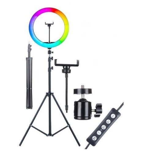 Кольцевая лампа селфи-лампа LED RING RGB 33 см с цветными режимами со штативом 210 см держателем для телефона для профессиональной съемки 229000₽