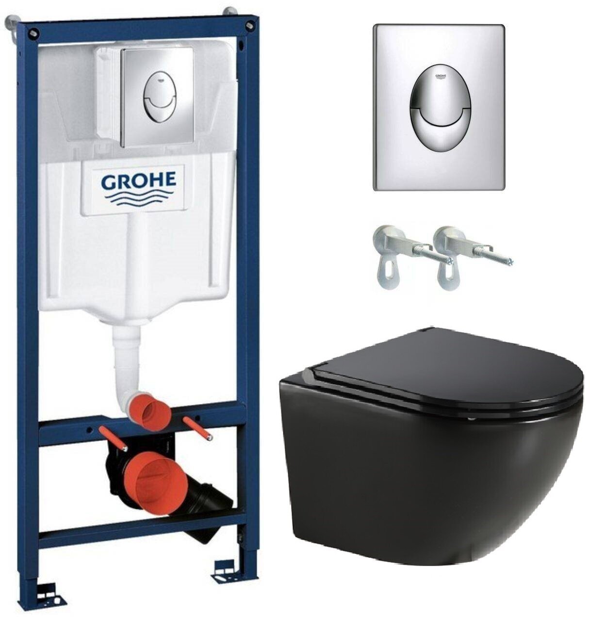 Готовый комплект: Инсталляция Grohe 38721001 + Унитаз подвесной Azario Grado AZ-0046- MB черный