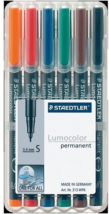 Набор маркеров перманентных универсальных Staedtler Lumocolor, B, 6 цветов, пластиковый пенал 6 цветов