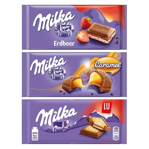 фото Шоколад milka strawberry + caramel + lu (набор из 3 шт), 100 г, 3 шт. mondelez international