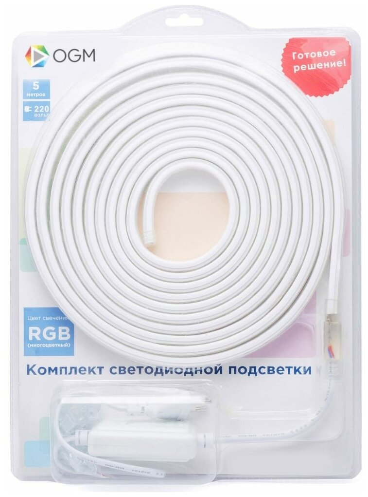 фото Лента светодиодная SMD 5050 OGM RGB свет 12 Вт 220 В IP44 5 м комплект
