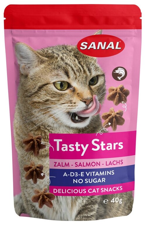 Лакомство для кошек SANAL Tasty Stars Salmon звездочки с лососем и витаминами A, D, E, 40 г